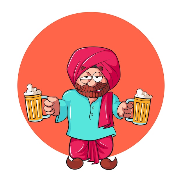 Vettore illustrazione del fumetto vettoriale dell'uomo punjabi che tiene in mano la tazza di birra