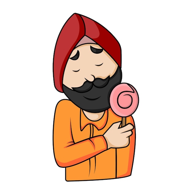 Vector cartoon illustration of Punjabi man holding candy in hand