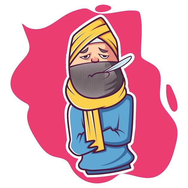 Vector vector cartoon illustration of punjabi man is checking his temperature with thermometer