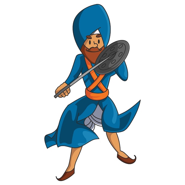 Vector vector cartoon illustration of punjabi nihang sardar with sward and dhal