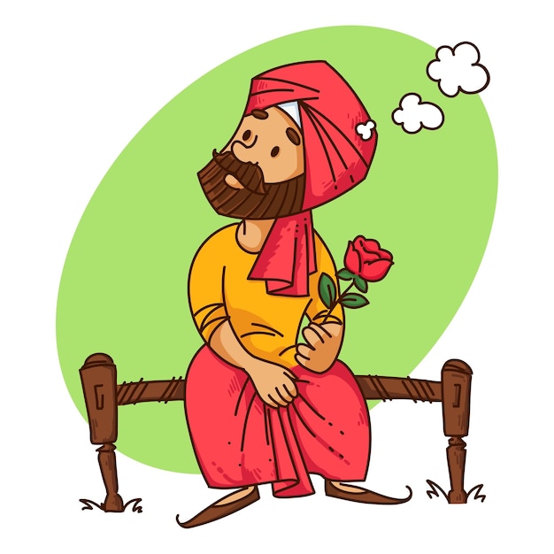 Vector cartoon illustration of punjabi sardar man sitting on a bed with a rose in hand thinking