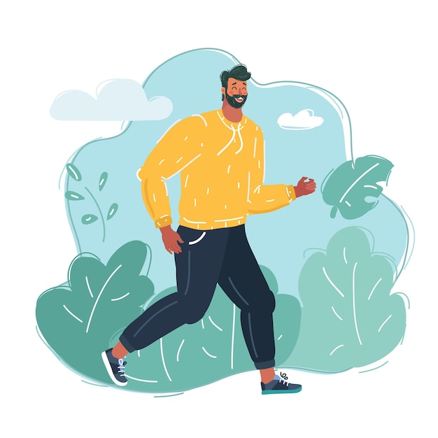 Vector vector cartoon illustration of running in city park man runner outside jogging in park