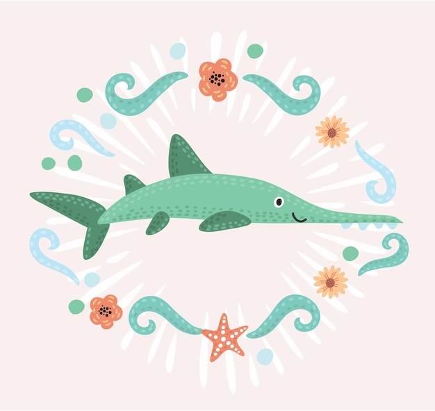 Vector vector cartoon illustration of saw fishcharacter decorated with marine elements