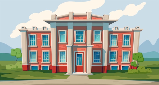 Vector cartoon illustration. school building on a city scape background. educalion and learning.