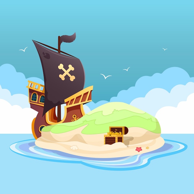 Vector vector cartoon illustration of sea landscape with wooden ship with skull on black sails treasure chest on small island beach