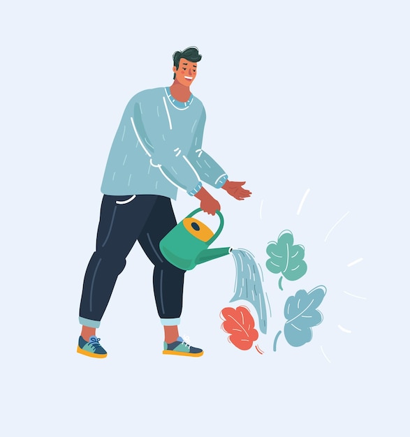 Vector cartoon illustration of Senior man watering flowers in the garden