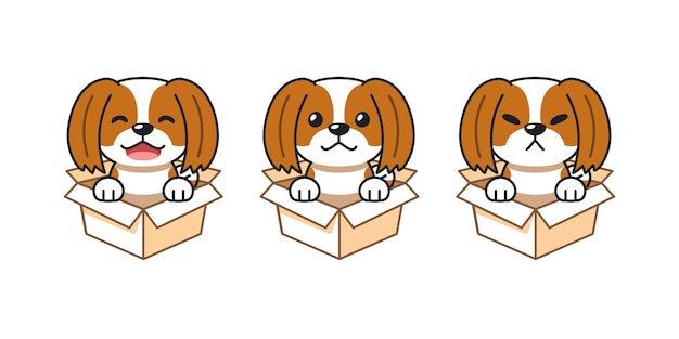 Vector cartoon illustration set of shih tzu dog showing different emotions in cardboard boxes