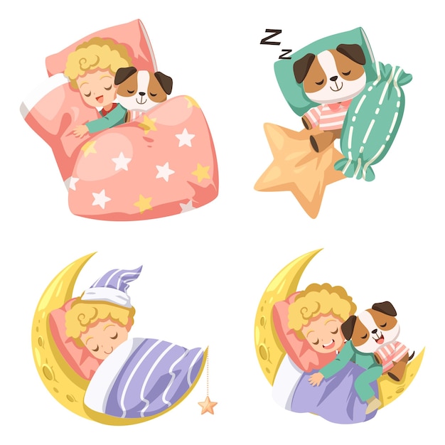 Vector vector cartoon illustration sleeping concept. adequate sleep is the best rest. the boy slept in his bed, hugged her favorite dog doll and slept happily.