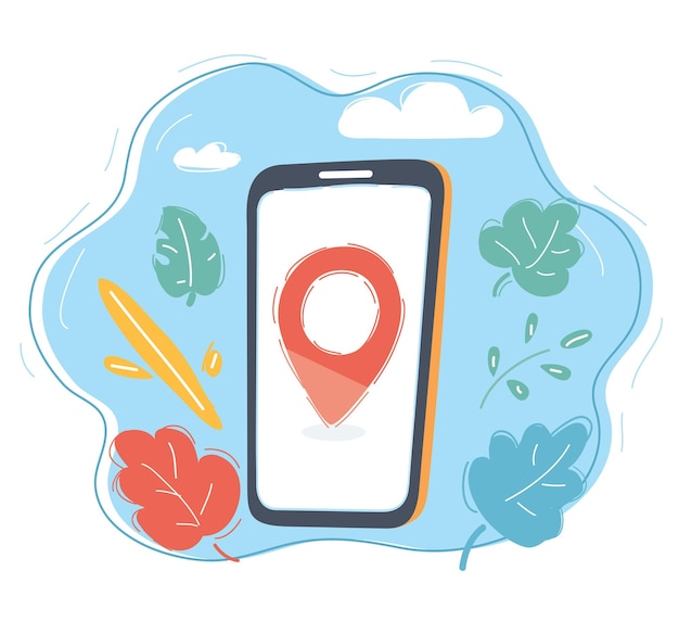 Vector cartoon illustration of smartphone with mobile gps navigation on the screen