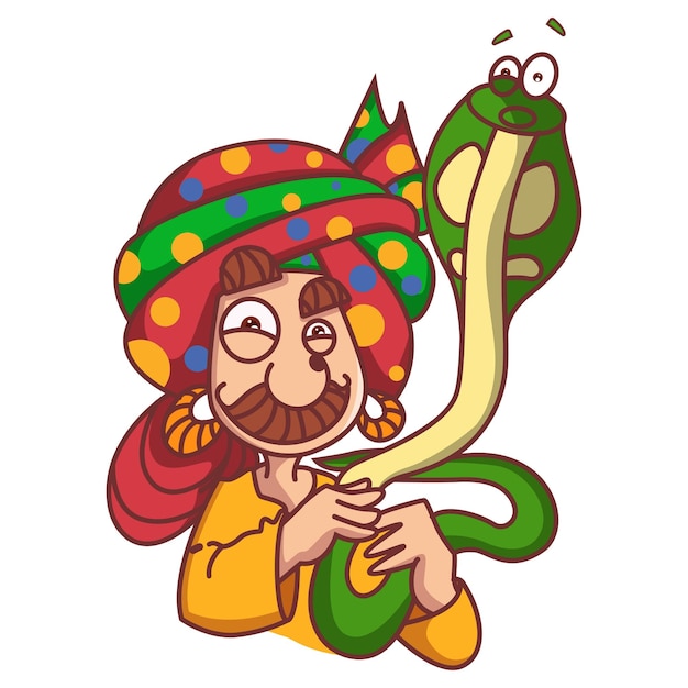 Vector cartoon illustration Snake charmer holding cobra on own neck