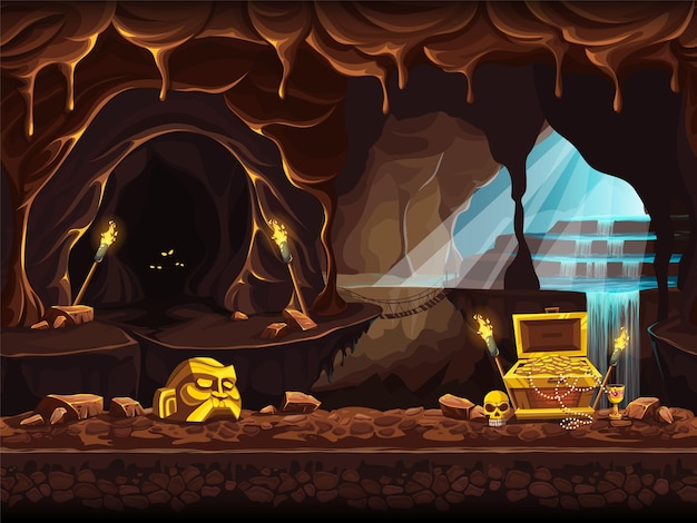 Vector vector cartoon illustration of the treasure cave with a waterfall and chest.