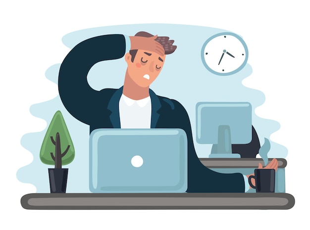 Vector cartoon illustration of tred sad busy office worker man character. Clerk work at the laptop feeling bad. Hold her had. Headache sick, flu, exhousted, stresse, depression