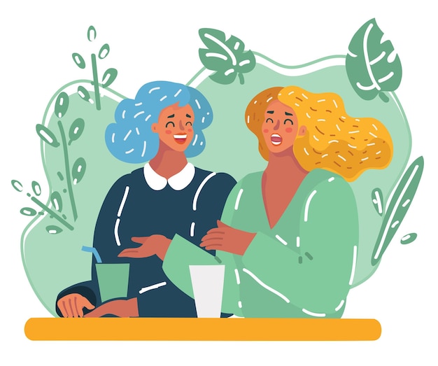 Vector cartoon illustration of Two style girlfriends having drink together and relaxing in cafe. Happy laughing woman together. Friendship and conversation concept.