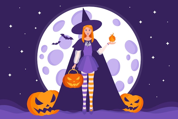 Vettore illustrazione del fumetto vettoriale di una strega e zucche di halloween jack-o-lantern su uno sfondo di luna, stelle e pipistrelli