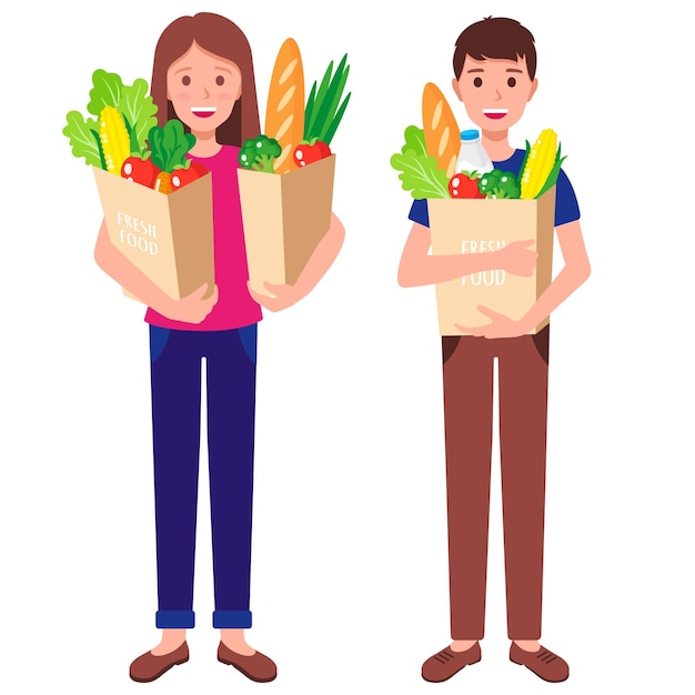 Vector cartoon illustration with boy and girl holding paper grocery bags with healthy food isolated on white background