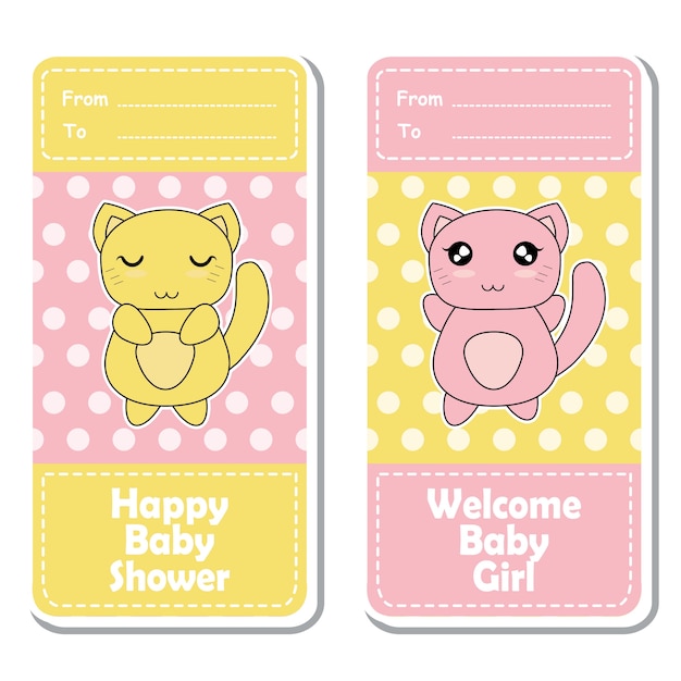 赤ちゃんシャワーラベルデザイン、バナーセットと招待状カードに適したポルカドットの背景にかわいいピンクと黄色の赤ちゃん猫とベクトル漫画のイラスト