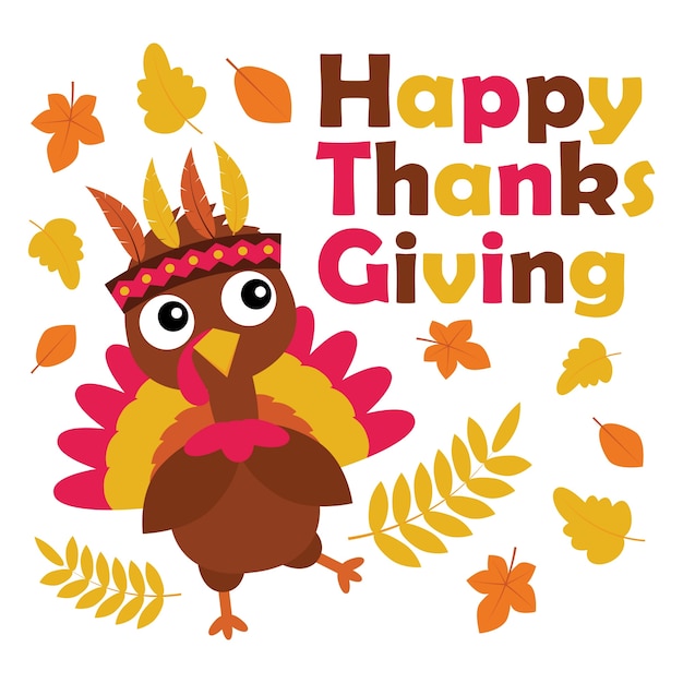 Vector cartoon illustration with cute turkey is happy on thanksgiving day suitable for happy thanksgiving card design, thanks tag, and printable wallpaper