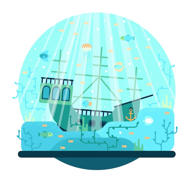 Vector cartoon illustration with frigate under water vector illustration