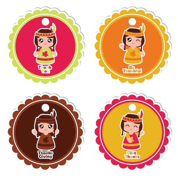 Illustrazione di cartone animato vettoriale con ragazze indiane su personaggio cornice coloful adatta per ringraziamento regalo design set di tag, tag di ringraziamento e set di sticker stampabile