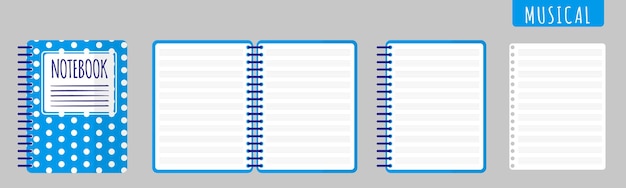 vector cartoon illustration with musical notebook, open notebook and blank sheets on white background.