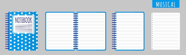 흰색 배경에 음악 노트북, 열린 노트북 및 빈 시트가 있는 벡터 만화 그림.