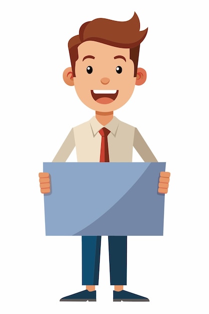 Vector cartoon illustration with a smiling office man with a billboard in his hands Flat vector illustration isolated on white background