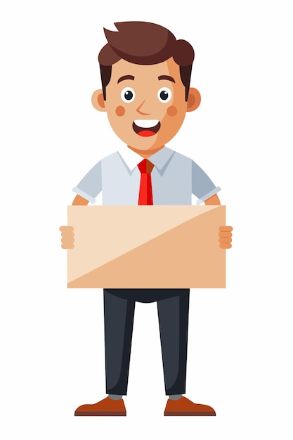 Векторная мультфильмная иллюстрация с улыбающимся офисным человеком с рекламным щитом в руках Плоская векторная иллюстрация, изолированная на белом фоне