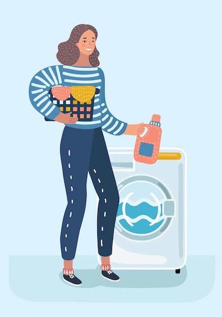 Vector cartoon illustration of woman housewife washes clothes in the washing machine. female characters in white isolated background