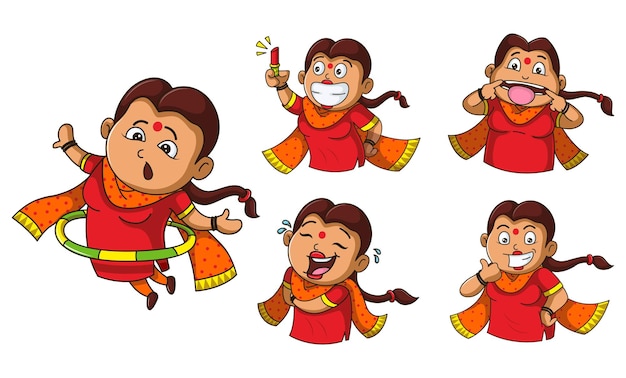 Vector cartoon illustration of woman sticker set