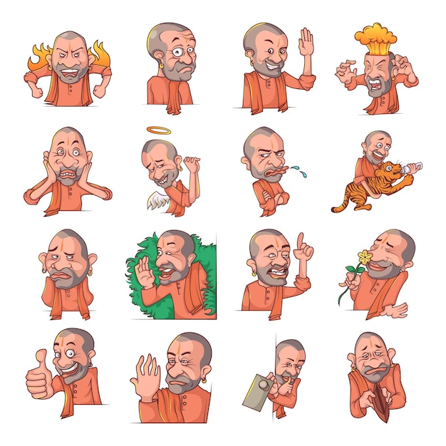 Vector cartoon illustration of Yogi Adityanath character set