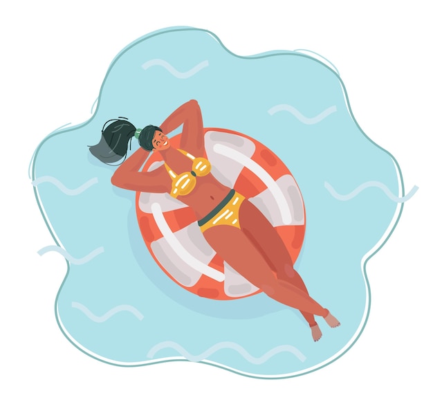 Vector vector cartoon illustration of young pretty woman on summer beach laying in rubber ring clear water and having fun