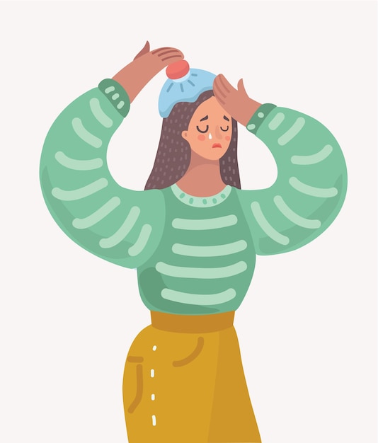 Vector vector cartoon illustration of young woman with headache. ice pach on head. cry sad female charcter on white isolated background.