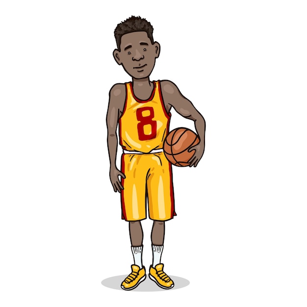 Vector cartoon jonge afrikaanse man in basketbal uniform met een bal