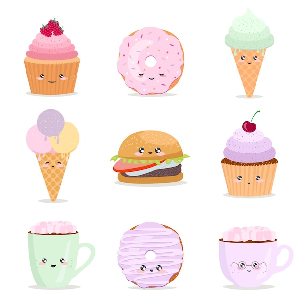 Vector cartoon kaarten met grappige voedsel karakters illustraties cupcake donut kopje koffie hamburger