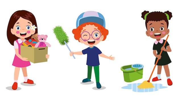 Vector Cartoon kids cleaning at home set Children in various cleaning positions