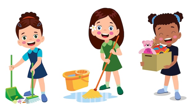 Vector Cartoon kinderen thuis schoonmaken set Kinderen in verschillende posities schoonmaken