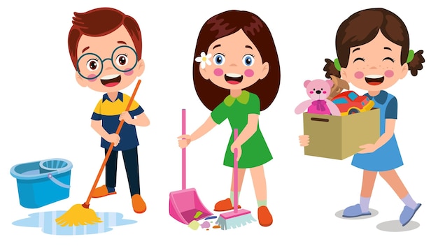 Vector Cartoon kinderen thuis schoonmaken set Kinderen in verschillende posities schoonmaken