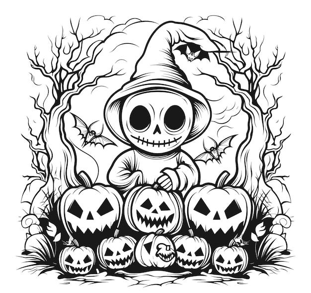 Vector cartoon klein meisje in kostuum Halloween heks met halloween pompoen Happy halloween op wit