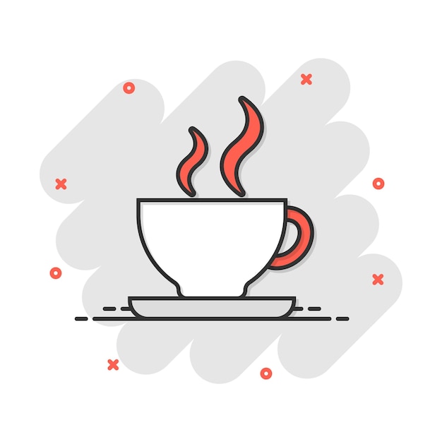 Vector cartoon koffiekopje pictogram in komische stijl Thee mok teken illustratie pictogram koffie splash effect bedrijfsconcept