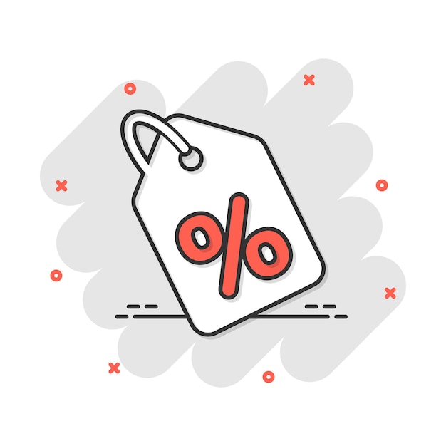 Vector cartoon korting winkelen labelpictogram in komische stijl korting procent coupon concept illustratie pictogram winkel badge splash effect concept