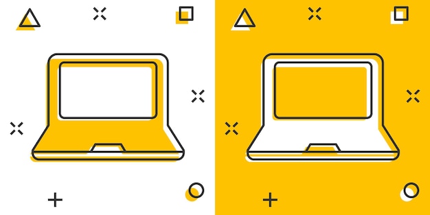 Icona del computer portatile del fumetto vettoriale in stile fumetto pittogramma di illustrazione del segno del notebook concetto di effetto splash aziendale per pc