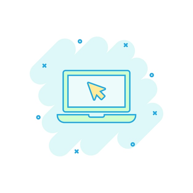 Vector cartoon laptop notebook met muis cursor icoon in comic stijl Laptop scherm illustratie pictogram Computer monitor business splash effect concept