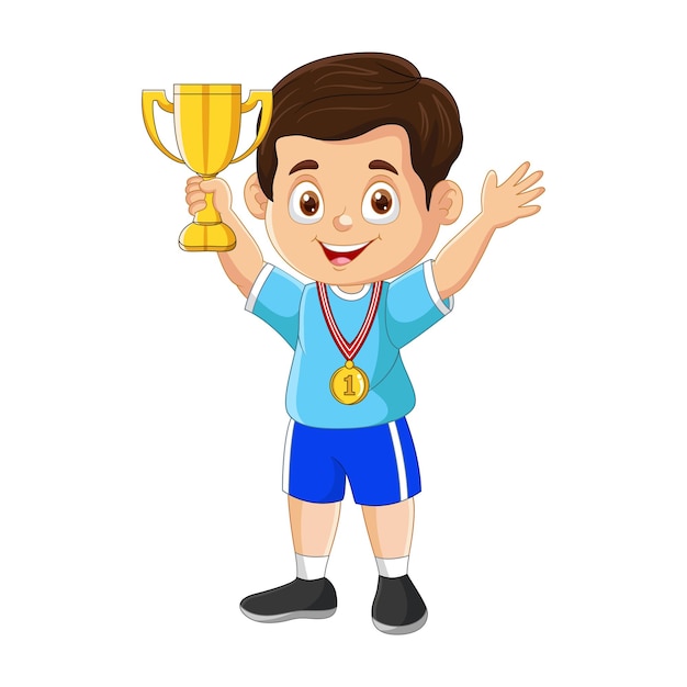 Vector cartoon little boy holding gold trophy