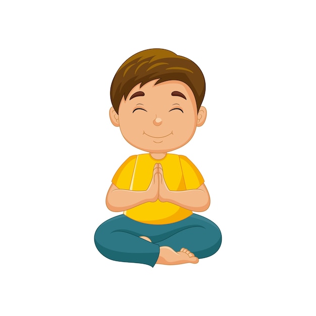 Vector cartoon little boy sitting in lotus pose