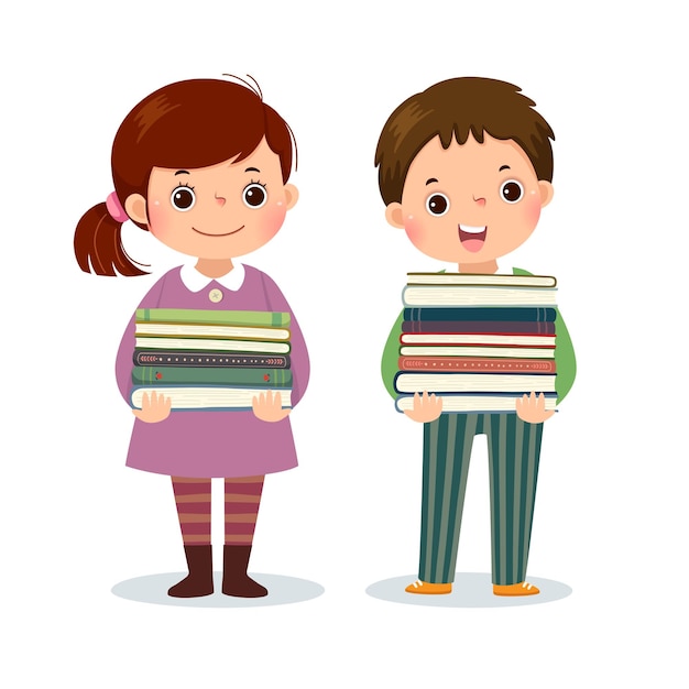 Vector vector cartoon of little girl and boy holding stack of books