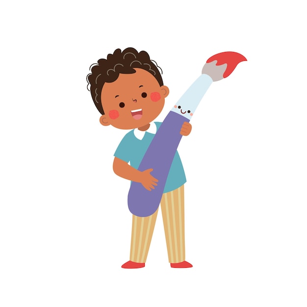 Vector vector cartoon little student boy holding big paintbrush back to school concept