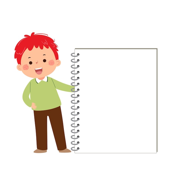 Vector cartoon little student boy with big notebook Back to school concept