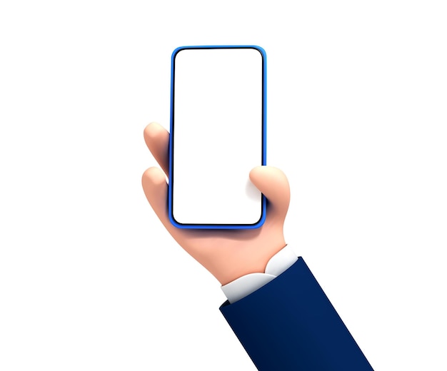 Vector cartoon man hand holding phone on white background. Hand holding smartphone with empty screen. Cartoon device mockup.