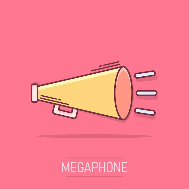 Вектор Икона векторного мультфильма мегафона в стиле комикса bullhorn знак иллюстрация пиктограмма мегафон бизнес эффект брызги концепция