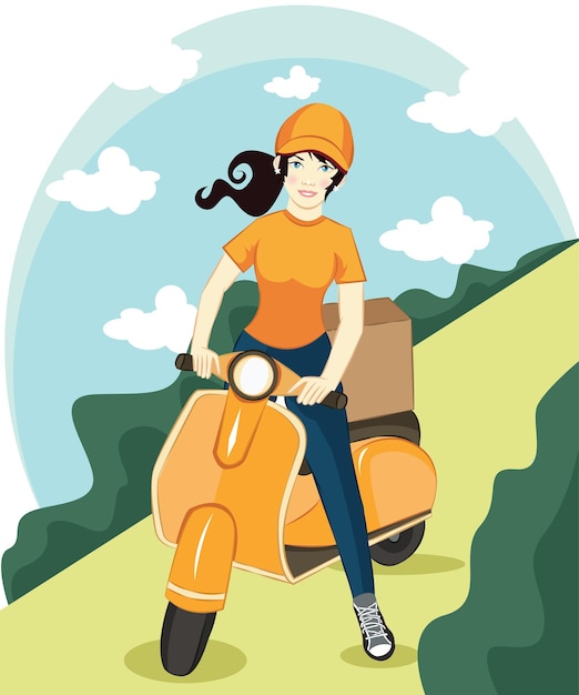 Vector cartoon meisje scooter rijden. Levering pakket service poster achtergrond sjabloon met vrouwelijk karakter op motorfiets leveren pakketten doos met glimlach. Promo-ontwerp van het transportbedrijf